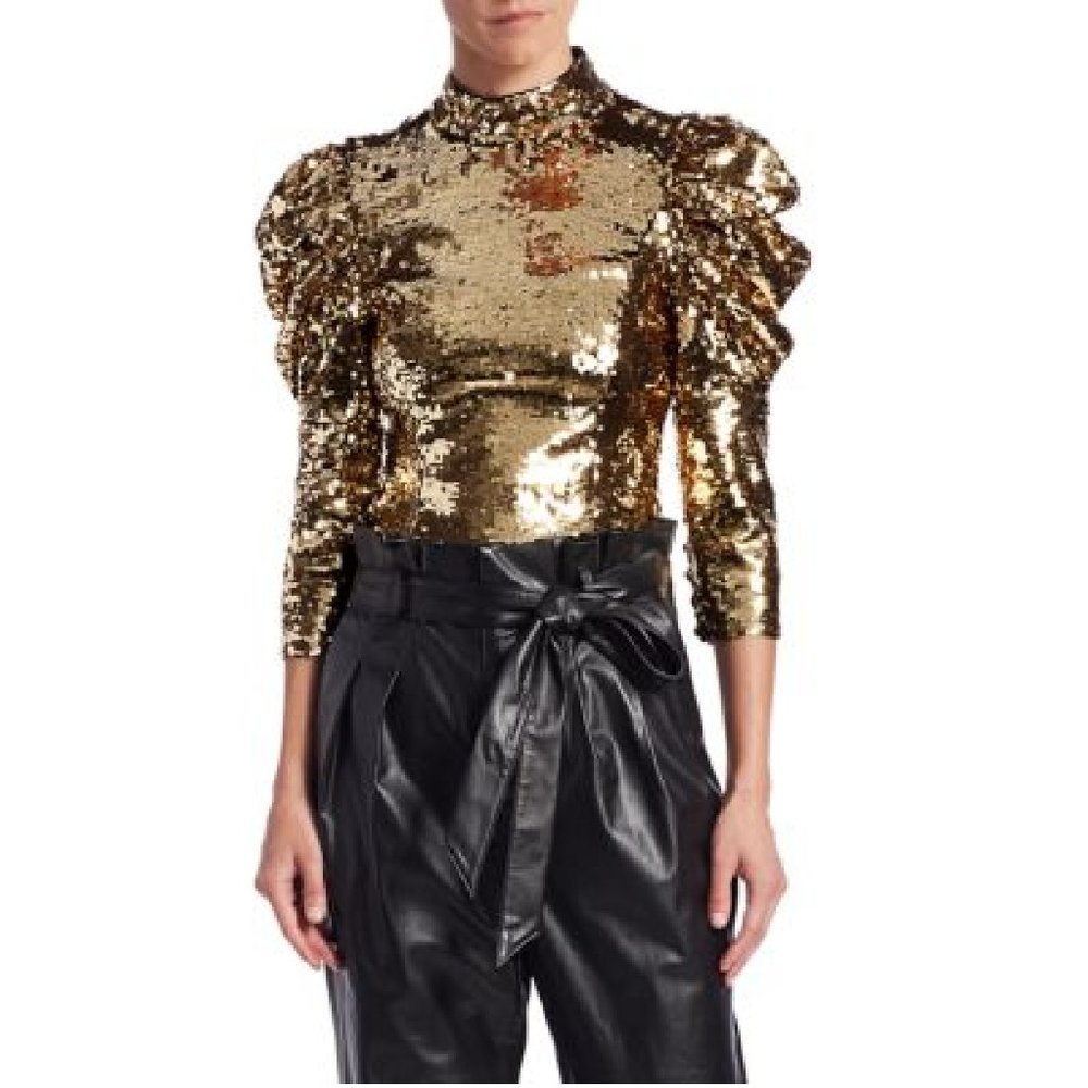 Alice + Olivia Brenna Sequin Puff-Sleeve Crop Top